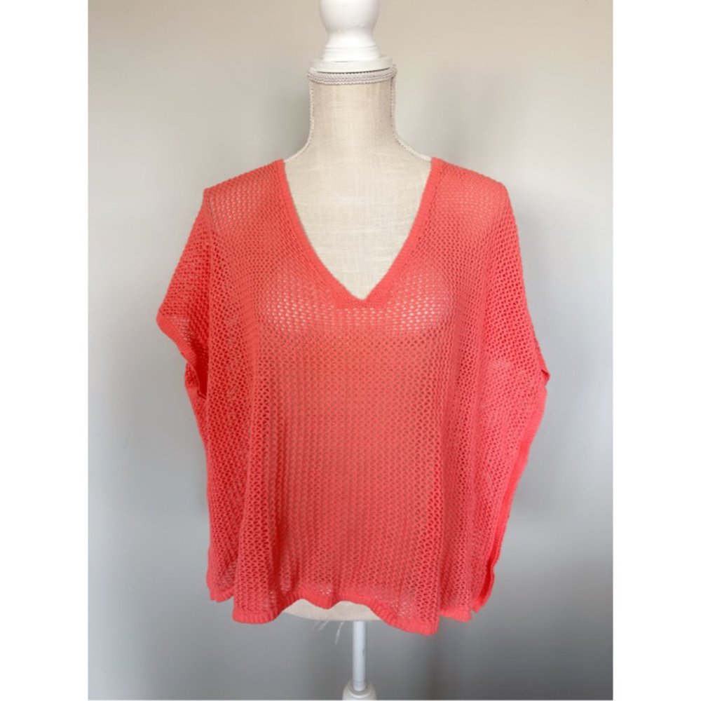 Moda International Neon Coral Open Knit Crochet Top Size S Sheer V-Neck